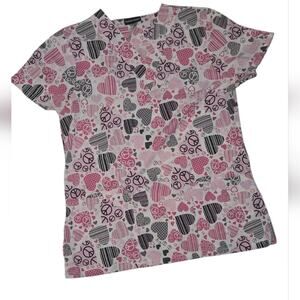 Scrub Studio V-Neck Scrub Top - Size Small - Peace Signs & Hearts - 2011